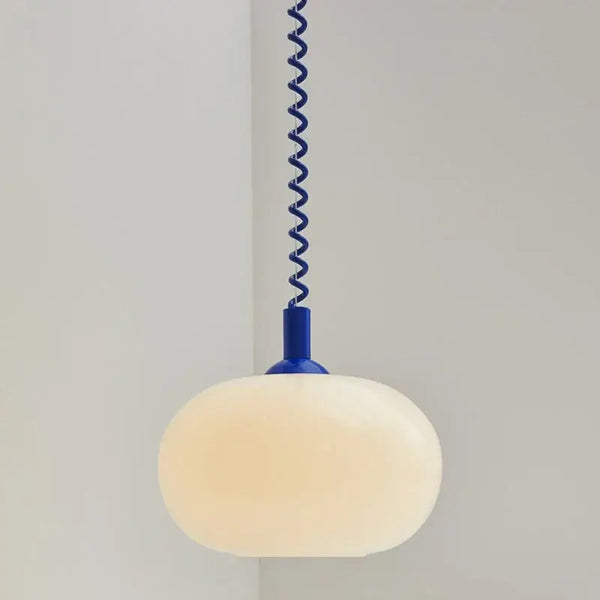 Bauhaus Glass Chandeliers with bright cord featuring a hand-blown glass shade and colorful spiral wire.