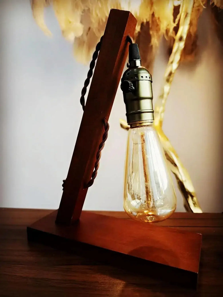 Wooden Edison Table Lamp – Rustic Industrial, Exposed Bulb
