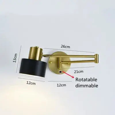 Vintage Loft Bedside Reading Light Fixture dimensions and features, including rotatable and dimmable functionality.