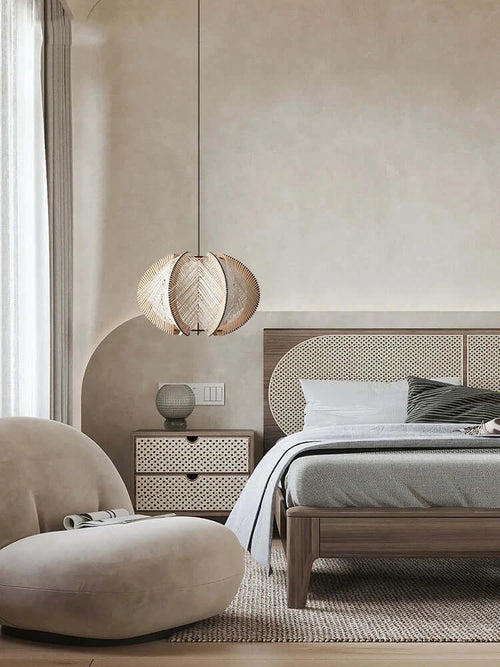 Nordic Spider Web Pendant Light inspired by the 70s! in a stylish bedroom setting with modern decor.