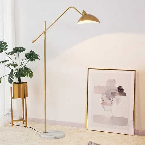 Marble Based 50s Floor Lamp - Vintage Modern Lighting with gold accent, marble base and art print background.