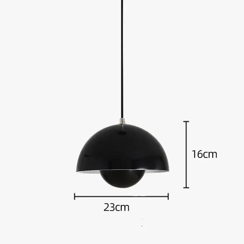 Contemporary Pendant Light in black, featuring a spherical design with dimensions 23cm width and 16cm height.