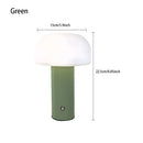 Rechargeable LED Mushroom Table Lamp – Touch Dimmable, Nordic Minimalist Design in green with dimensions shown.