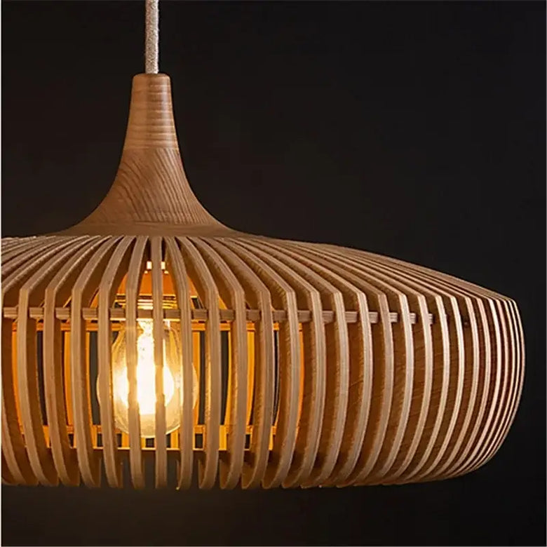 Vintage Wooden Pendant Light – Handcrafted Nordic Birdcage Lamp showcasing a beautiful wooden design with warm lighting.