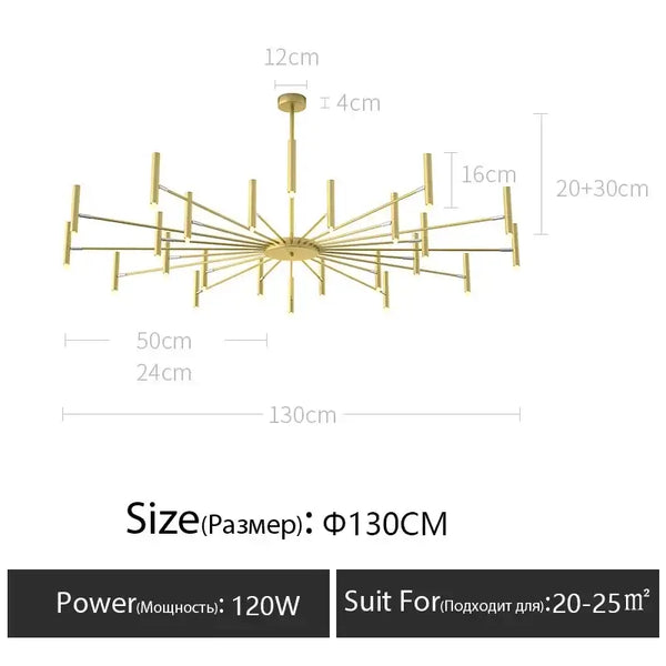Modern Starburst LED Chandelier – 24-Light Sculptural Ceiling Statement with dimensions and specifications.