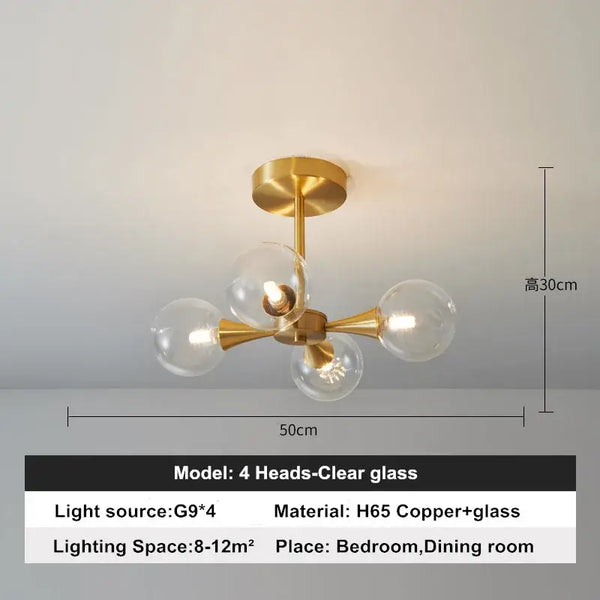 Modern Copper Glass Ball Chandelier featuring four clear glass heads and H65 copper, ideal for bedroom or dining room.