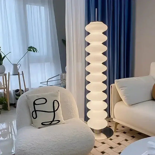Danish Gourd Sculptural Floor Lamp – Nordic White Acrylic LED Lamp in modern living room decor.