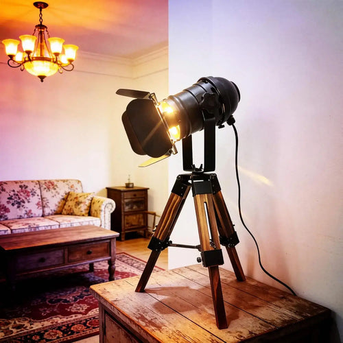 Industrial Tripod Table Lamp – Wooden Studio Spotlight, Adjustable