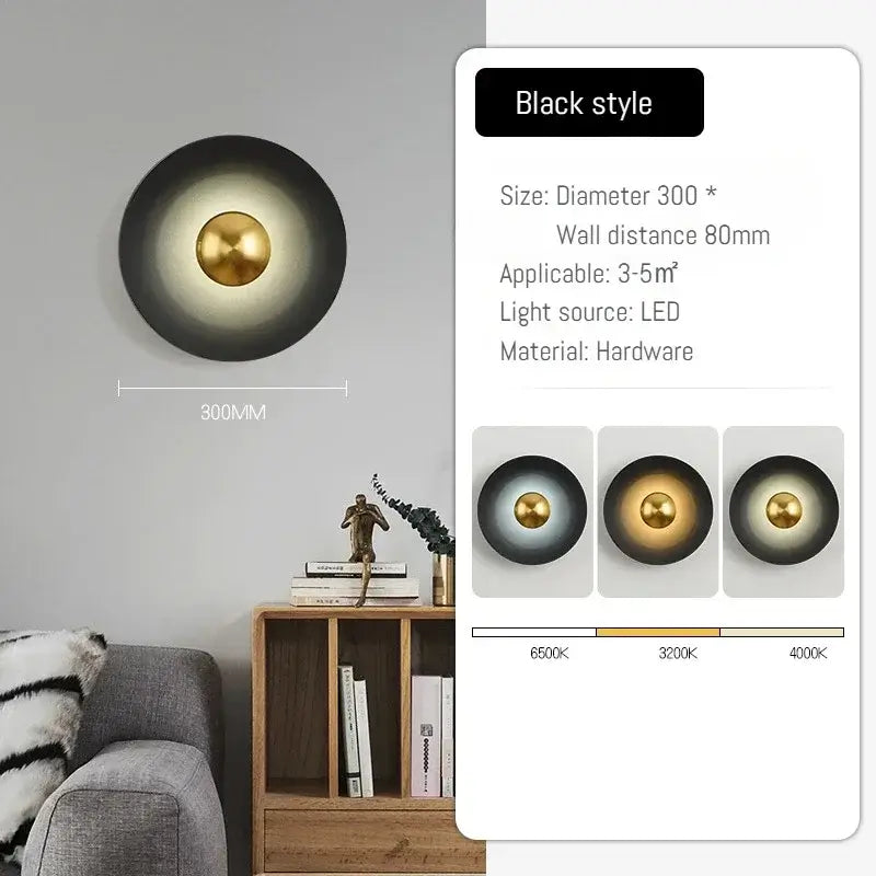 Modern Nordic Circle Wall Light - 30 cm, Gold Accents