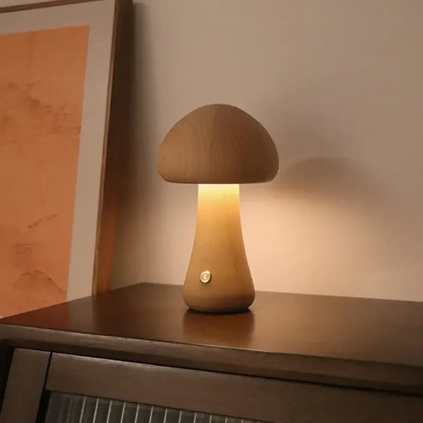 Portable Dimmable 60s Italy Designer Mushroom Table Lamp on a wooden table with warm light.