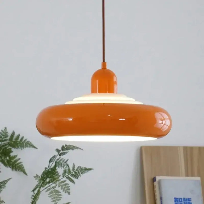 Cream Enamel Vintage Pendant Light with Chrome Detail
