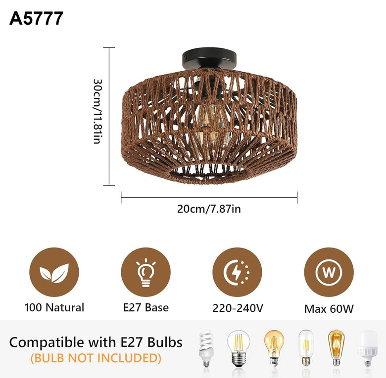 Hand-Woven Rattan Ceiling Light with Metal Base