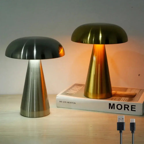 Touch Dimming Rechargeable USB Metallic Table Lamp in silver and gold, showcasing adjustable brightness and modern design.