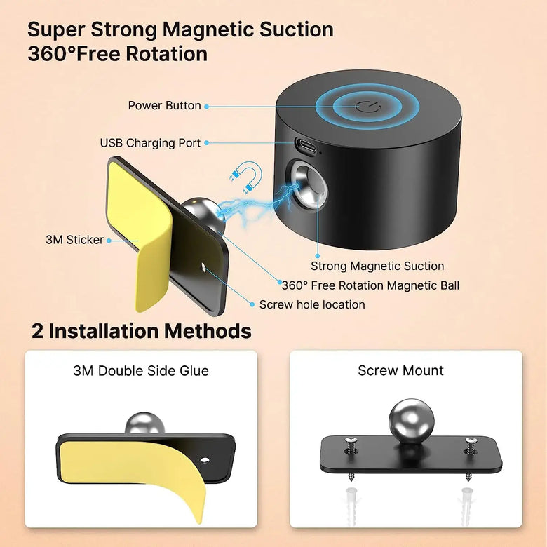Rechargeable Bedside Wall Lamp with super strong magnetic suction and 360° free rotation for easy installation.