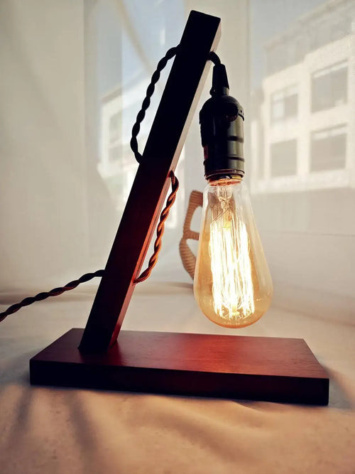 Wooden Edison Table Lamp – Rustic Industrial, Exposed Bulb