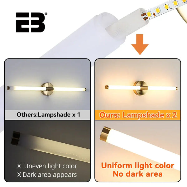 Contemporary Vanity Wall Light comparison showing uniform light color with two lampshades for better illumination