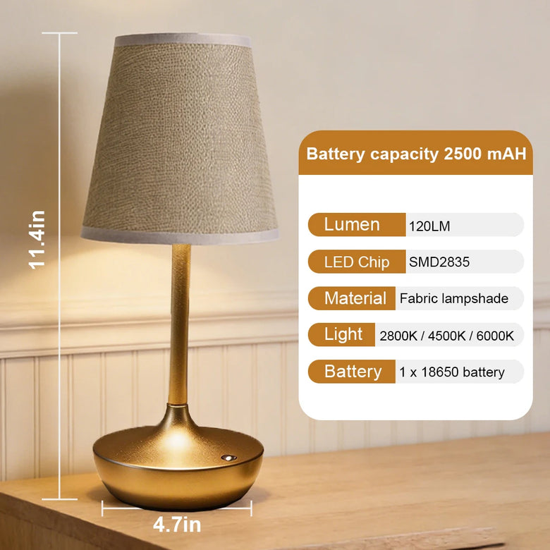 Classic Fabric Cordless Table Lamp – Rechargeable, Touch Dimmer