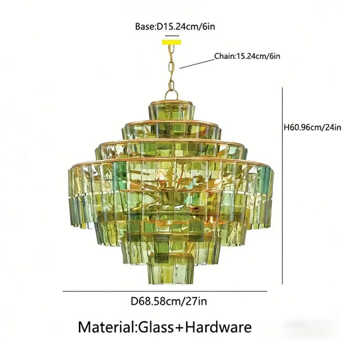 Green Glass Tiered Chandelier - Art Deco Style