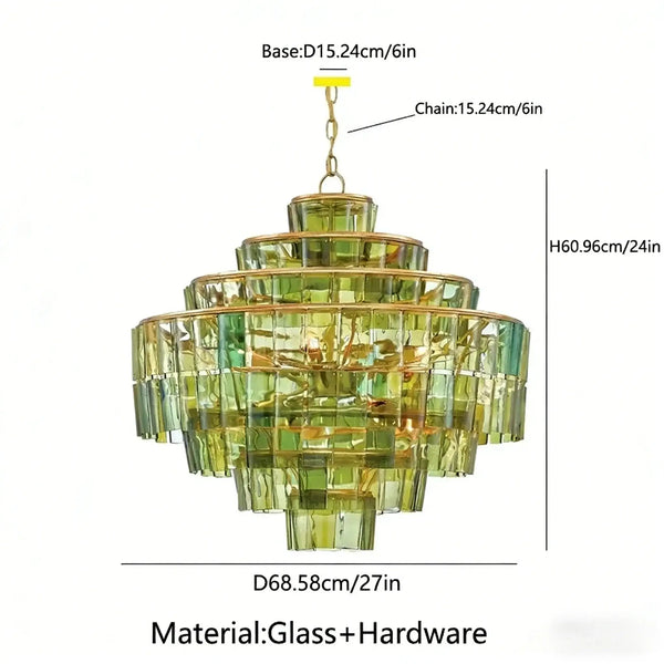 Green Glass Tiered Chandelier - Art Deco Style