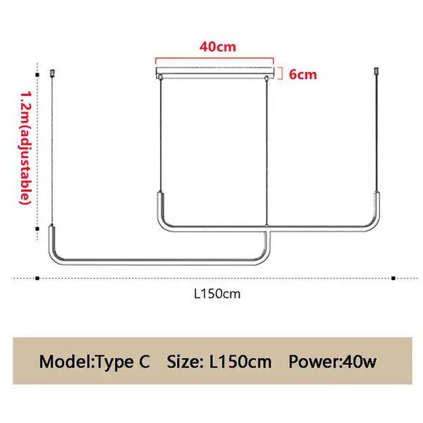 Modern Minimalist Kitchen Island Lighting - Black & Gold Options dimensions and model specifications, Type C, size L150cm, 40w power.