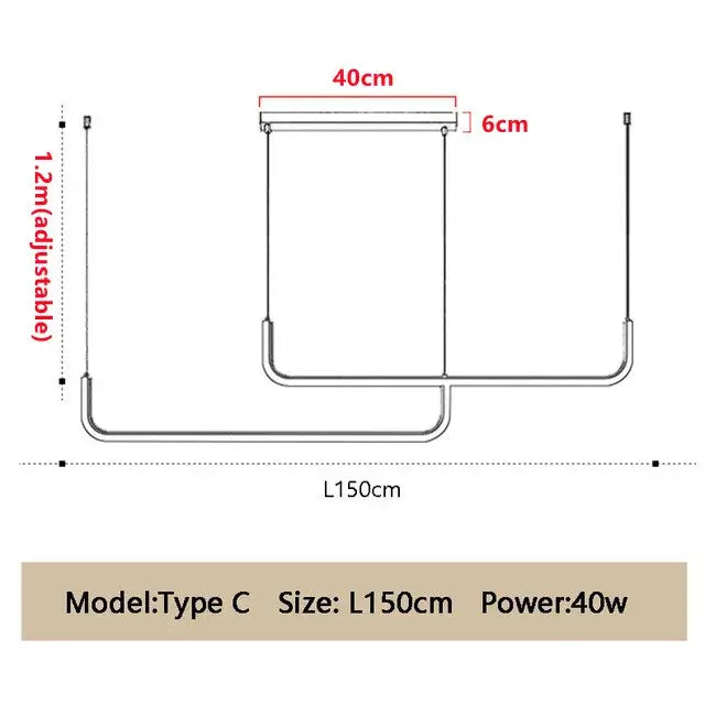 Modern Minimalist Kitchen Island Lighting - Black & Gold Options dimensions and model specifications, Type C, size L150cm, 40w power.