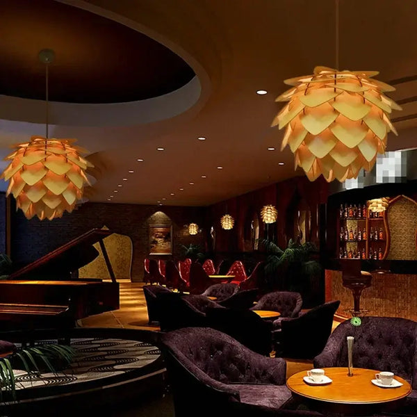 Wooden Pinecone Pendant Light - Nordic Art Inspired Home Lighting adding style and warmth to a chic cafe interior.