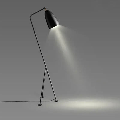 Danish Designer Grasshopper Floor Lamps in black, showcasing stylish and retro mid-century design.