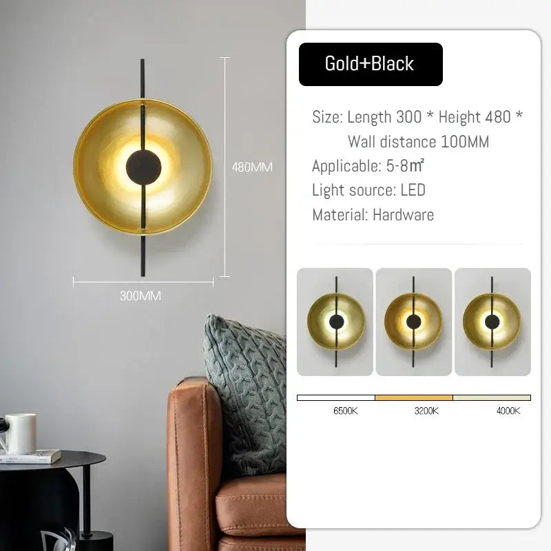 Modern Nordic Circle Wall Light - 30 cm, Gold Accents