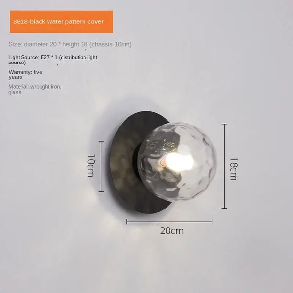 Simple Round Wall Lamp with black water pattern cover, showcasing dimensions and materials for modern lighting.
