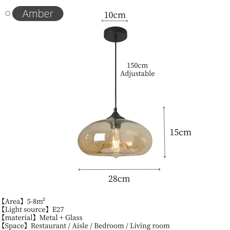 Amber glass dome pendant light with dimensions, 28cm wide and 15cm high