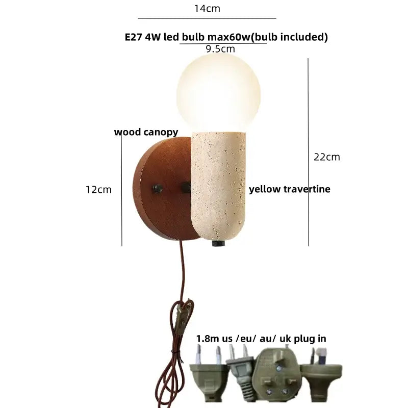 Travertine and Wood Wall Light – Nordic LED Lamp with Pull Chain