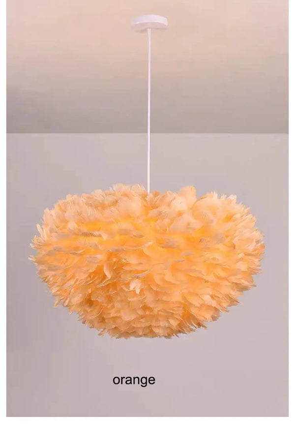 Goose Feather Pendant Chandelier – Soft Modern Lighting for Bedroom, Living Room or Boutique in orange color.