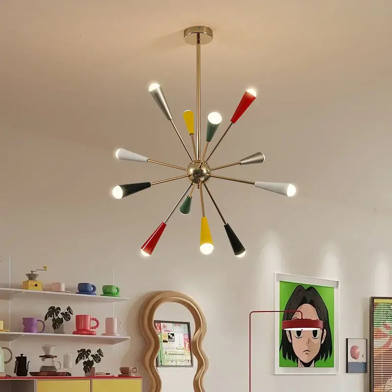 The Ultimate MCM Statement Light – Atomic Sputnik Chandelier illuminating a stylish interior with a colorful design.