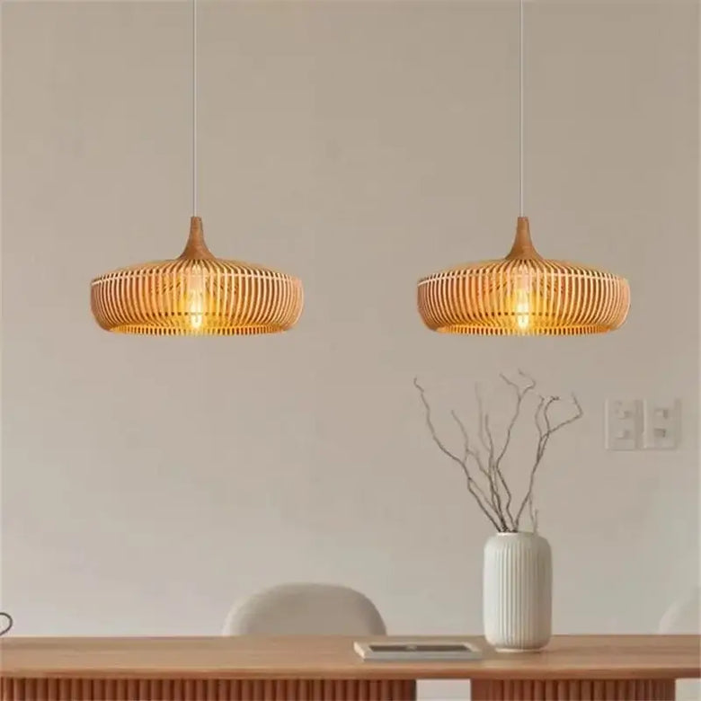 Vintage Wooden Pendant Light – Handcrafted Nordic Birdcage Lamp in a modern setting with warm lighting.