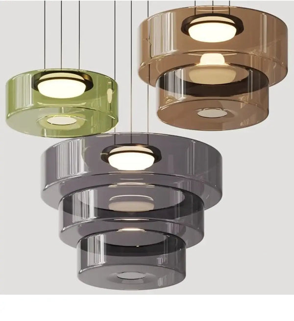 Layered Glass Pendant Light – Modern Amber, Green or Smoke Grey LED Suspension showcasing layered glass designs.