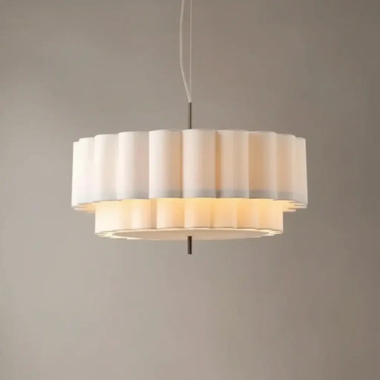 hero Modern pendant light with white ribbed shade on a neutral background