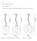 Size specifications for Nordic Smoke Glass Bubble Chandelier – Modern Grape Cluster Pendant Light with various configurations.