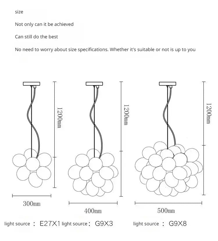 Size specifications for Nordic Smoke Glass Bubble Chandelier – Modern Grape Cluster Pendant Light with various configurations.