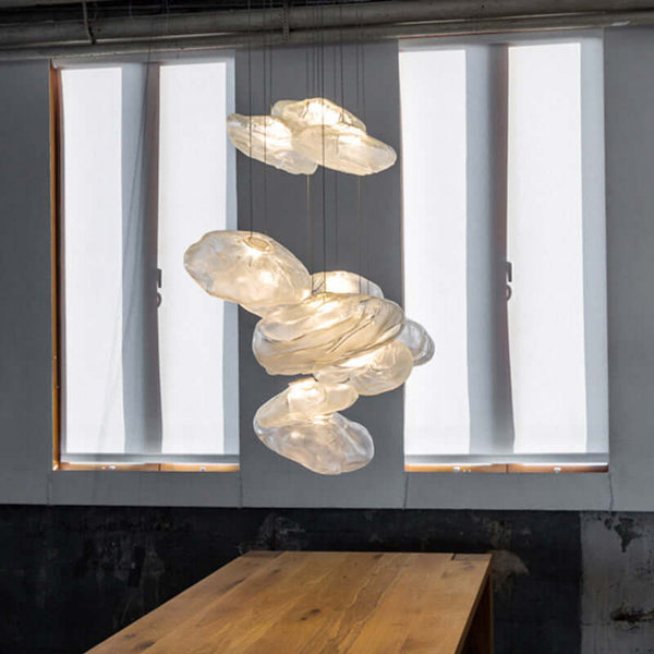 Nordic Cloud Glass Pendant Light – Smoky Grey Designer LED Chandelier hanging in a modern interior with soft illumination.