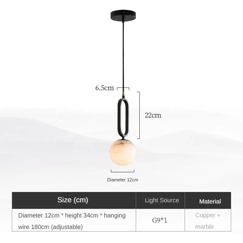 Pendant light with measurements and specifications on a white background