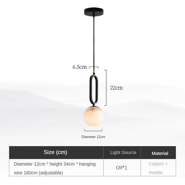 Pendant light with measurements and specifications on a white background