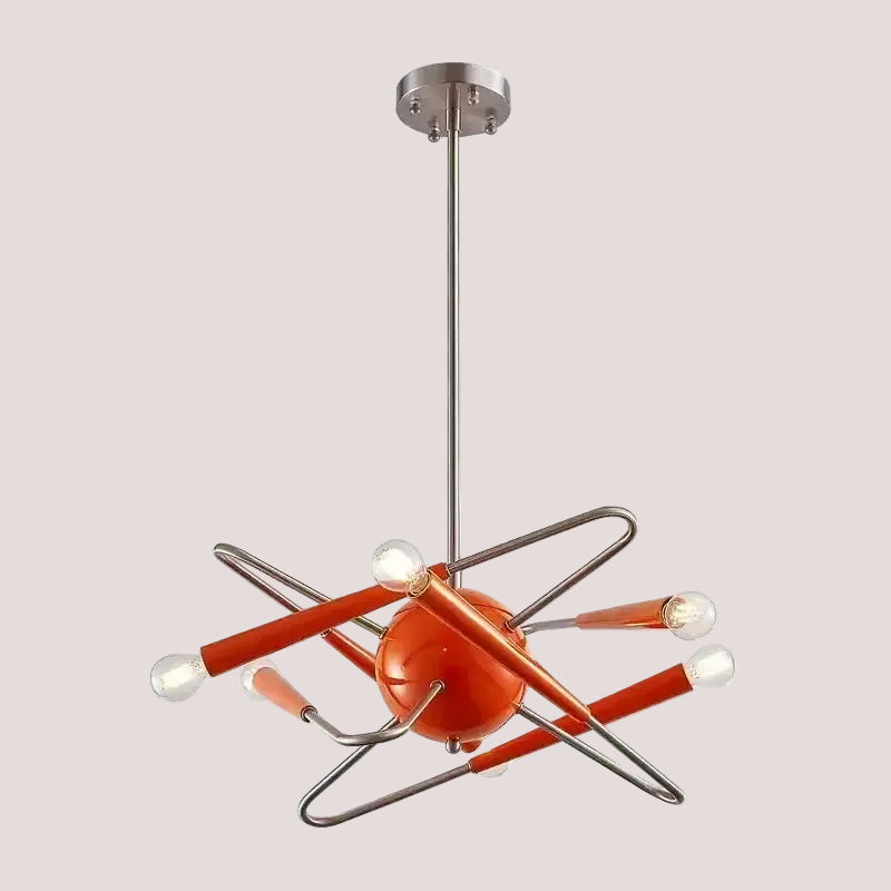 60s Red Sputnik Chandelier with bold sculptural silhouette and striking red-orange finish, ideal for retro and mid-century modern interiors.