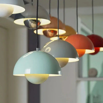 Contemporary Pendant Light hanging in various colors, showcasing modern design and energy-efficient attributes.