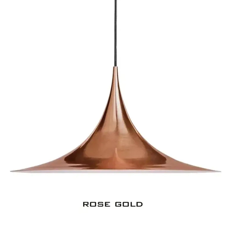 Scandi 70s Danish Pendant Lamp – Minimalist Metal LED Chandelier for Dining & Living Spaces in rose gold finish.