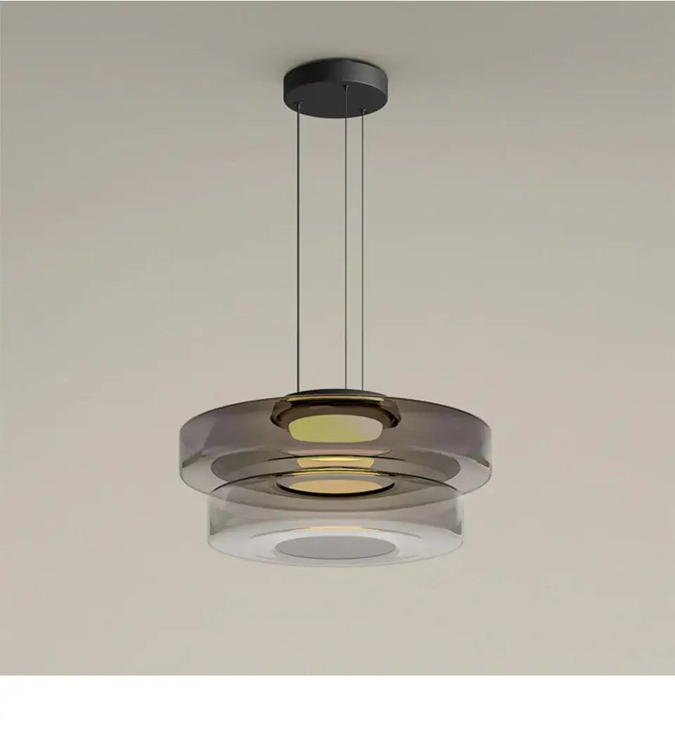 Layered Glass Pendant Light – Modern Amber, Green or Smoke Grey LED Suspension in Smoke Grey finish with adjustable wire.