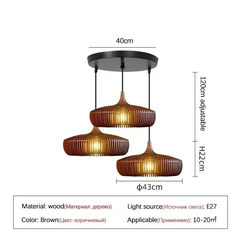Vintage Wooden Pendant Light – Handcrafted Nordic Birdcage Lamp in brown wood with adjustable hanging lengths.