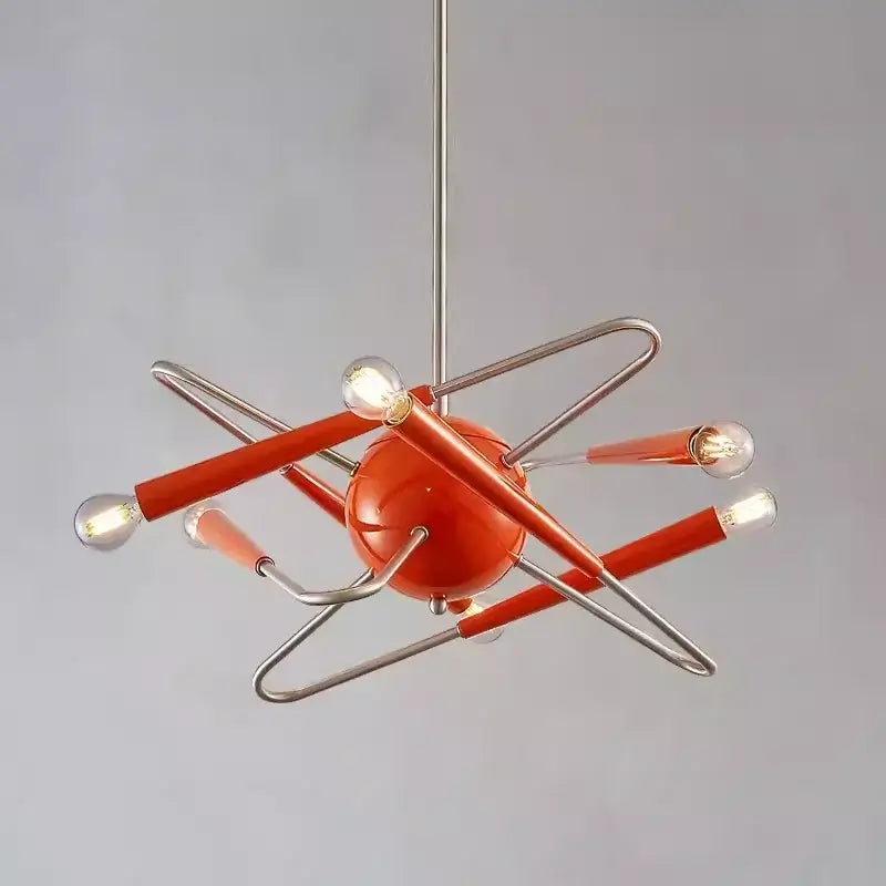 60s Red Sputnik Chandelier with a bold sculptural silhouette in retro mid-century design, crafted from durable iron, ideal for modern interiors.