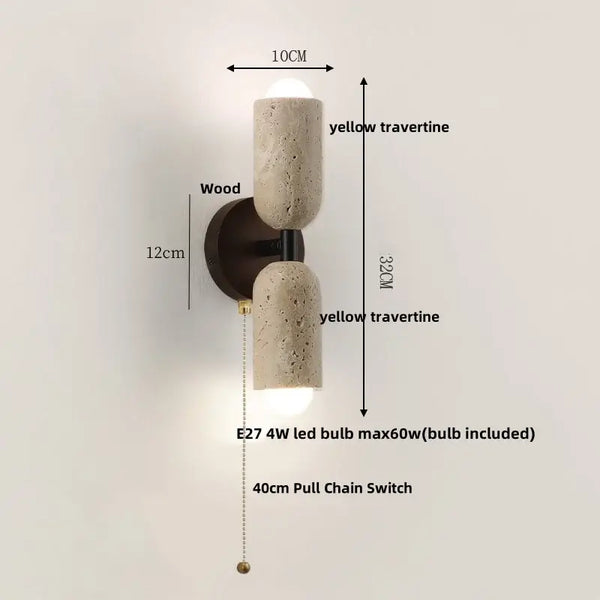Modern Travertine and Wood Wall Light with Pull Chain – Nordic Style LED Fixture showcasing yellow travertine and wood design.