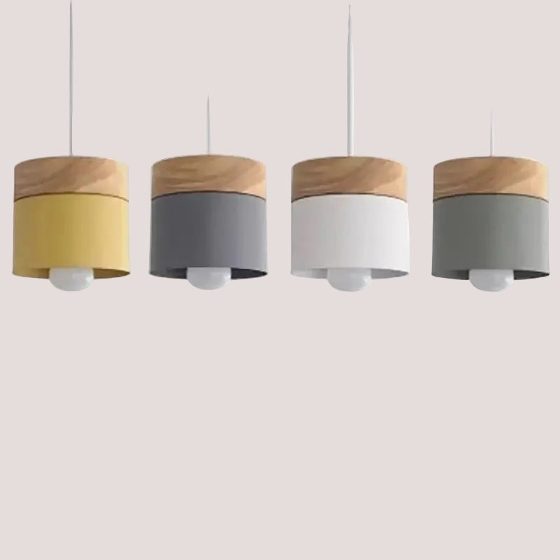 Simple Metal Danish Pendant with Wood in yellow, gray, white, and green colors.