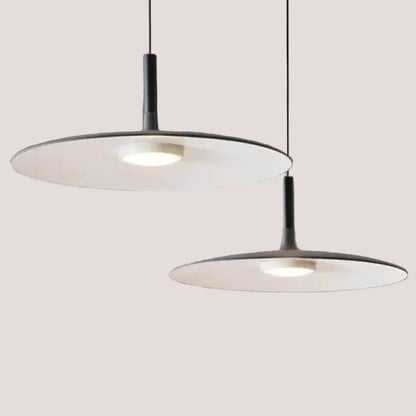 Sleek, Modern Led Pendant Lamps in minimalist design, featuring two stylish hanging lamps with circular shades.